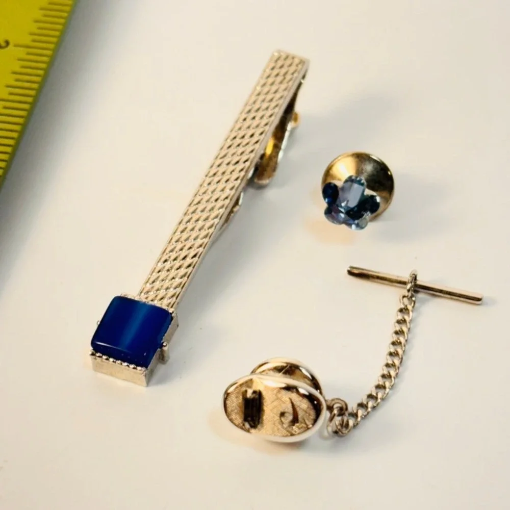 Vintage Swank Tie Clip Lapel Pin Set Blue Silver Tone Mesh Eclectic Dapper Goth